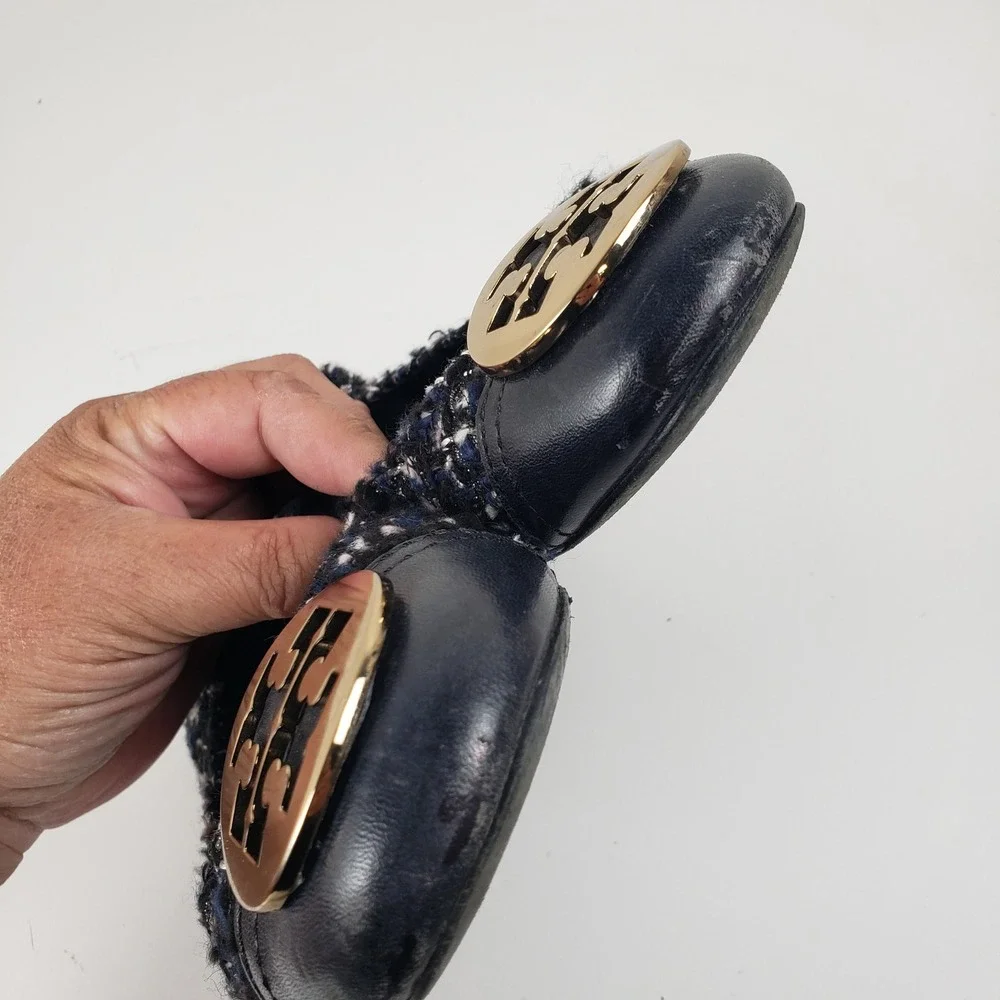 Tory Burch Serena Tweed Ballet Flats Navy Blue Gold Logo‎ Medallion Size 7M